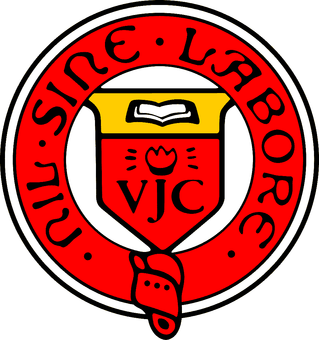 Red circular seal with Latin motto "Sine Labore" around a shield bearing "VJC" and an open book on gold.