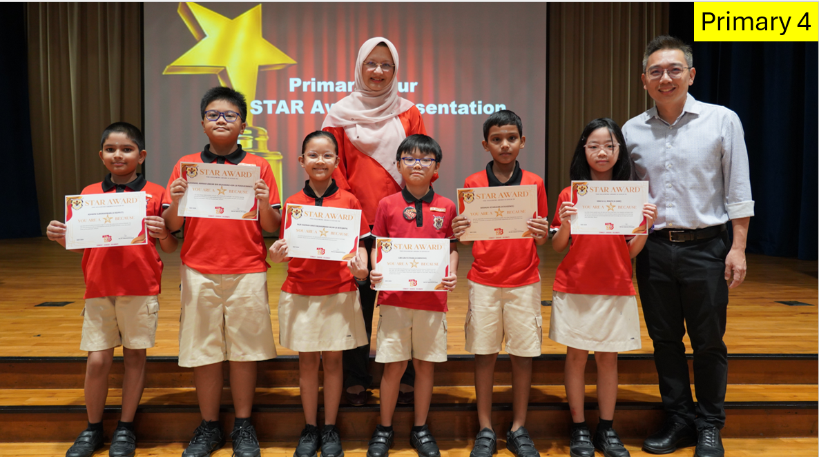 Six Primary 4 students in red uniforms hold Star Award certificates, flanked by two adults on a stage.