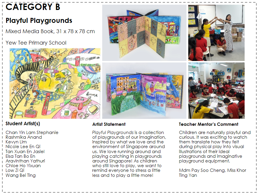 Category B artwork titled Playful Playgrounds, a colorful mixed media book by Yew Tee Primary School students.