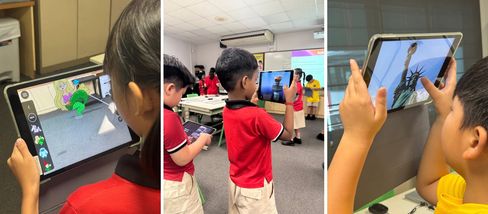 Three children in a classroom hold tablets showing augmented reality, including a cartoon fairy and the Statue of Liberty.