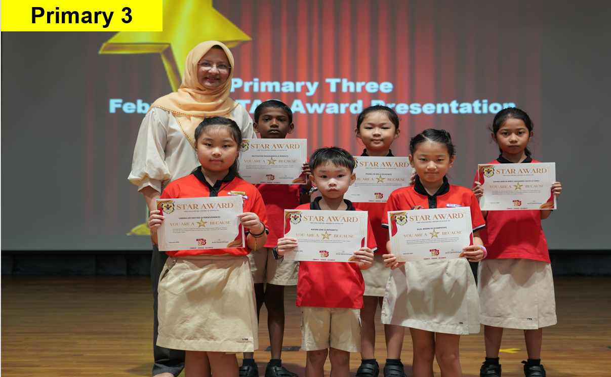 A teacher and six Primary 3 students pose on stage holding Star Award certificates at a school award presentation.