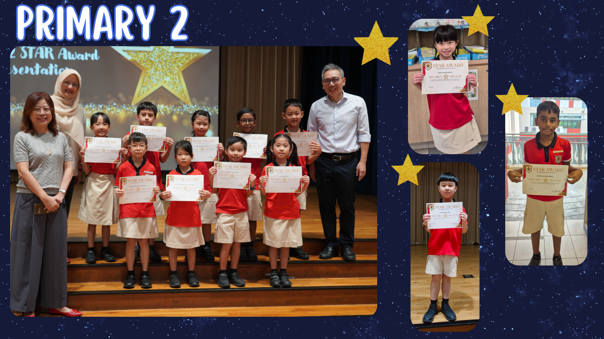 Primary 2 students in red uniforms hold Star Award certificates on stage with two adult teachers.