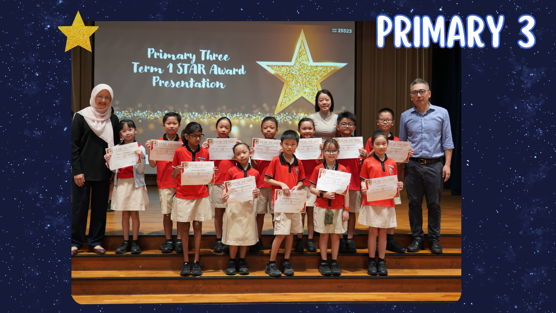 Primary 3 students in red uniforms hold Star Award certificates on stage, flanked by two teachers.