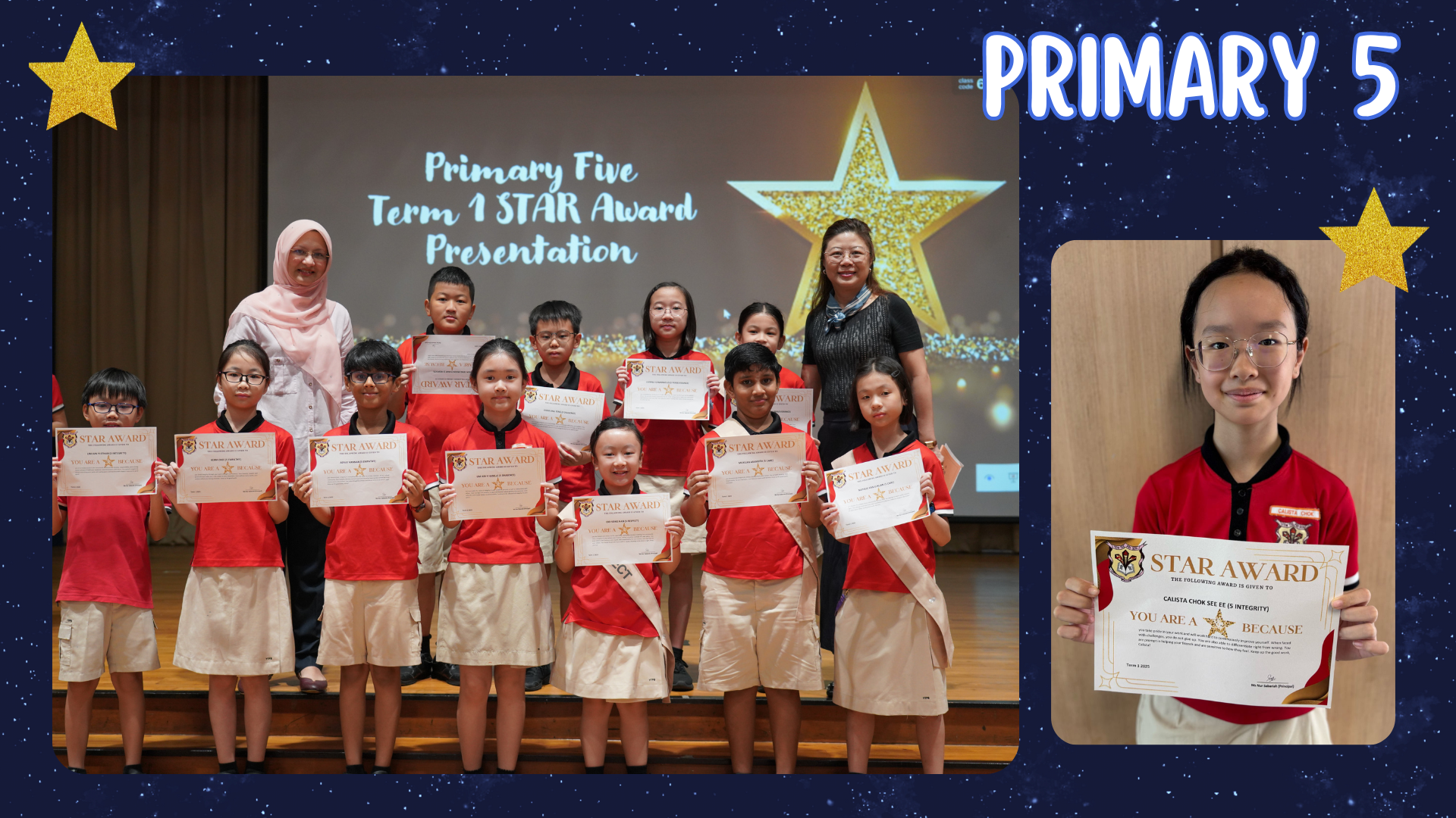 Primary 5 students and two teachers pose on stage holding Star Award certificates at a Term 1 award presentation.