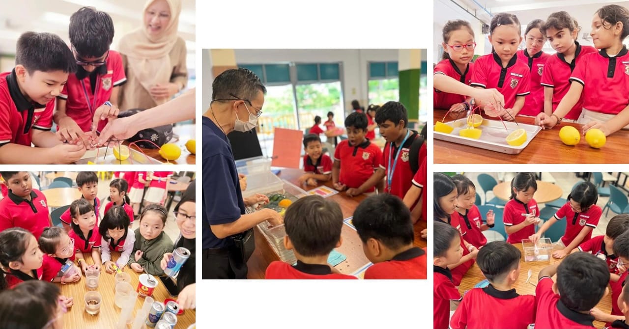 Collage of children in red uniforms doing science experiments with lemons, cups, and a teacher in a classroom