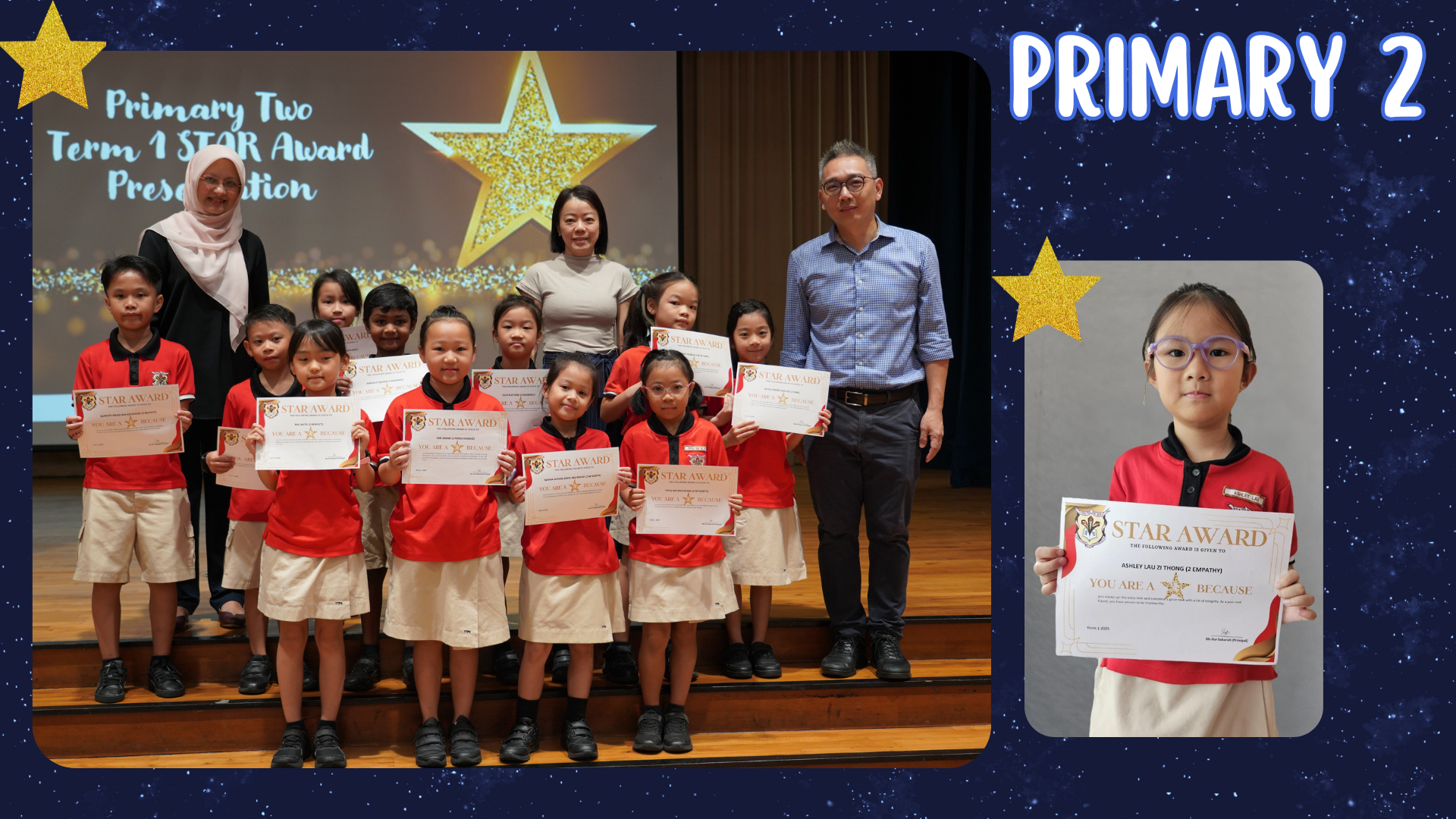 Primary 2 students in red uniforms hold Star Award certificates on stage with three teachers behind them.