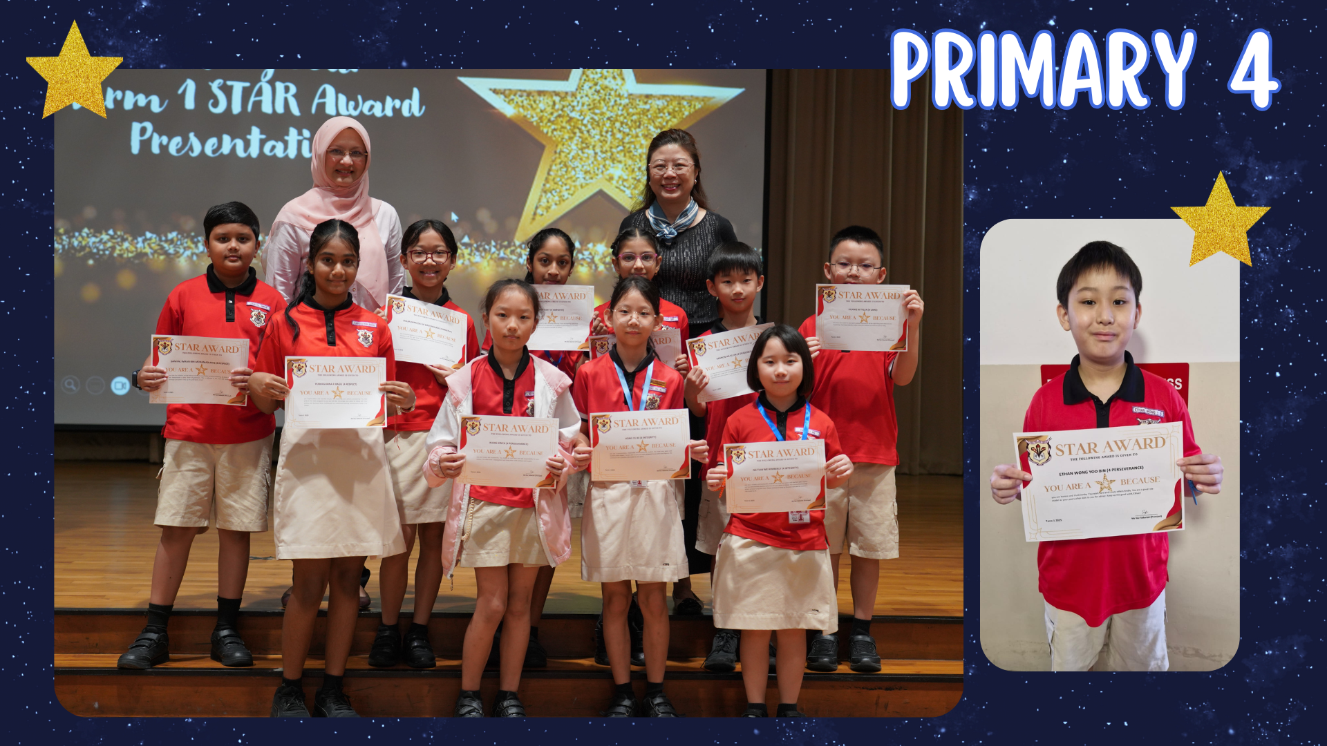 Primary 4 students in red uniforms hold Star Award certificates on stage with two teachers behind them.
