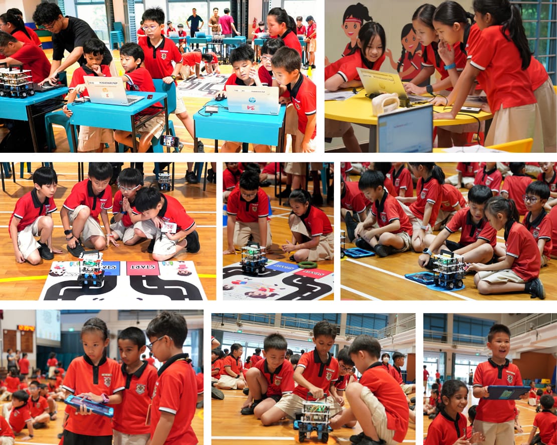 Collage of students in red uniforms collaborating on laptops and guiding small robots on a gym floor track