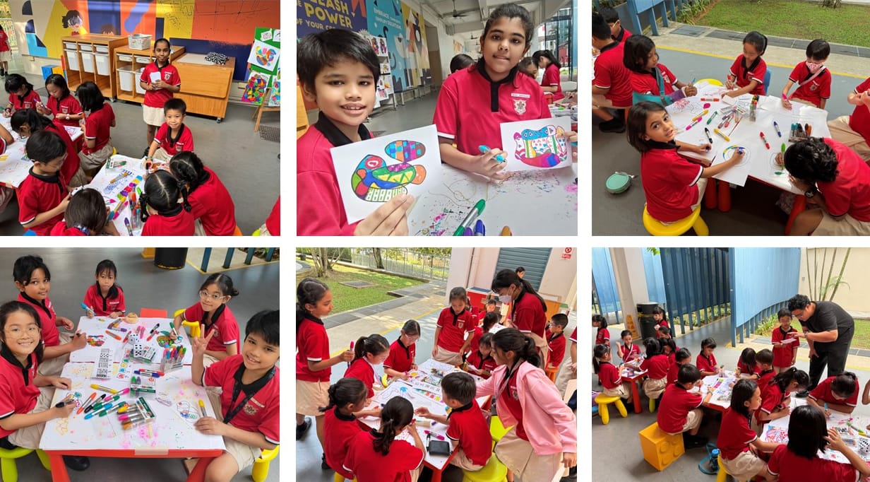 Collage of students in red uniforms drawing and coloring at tables, some holding up their artwork.