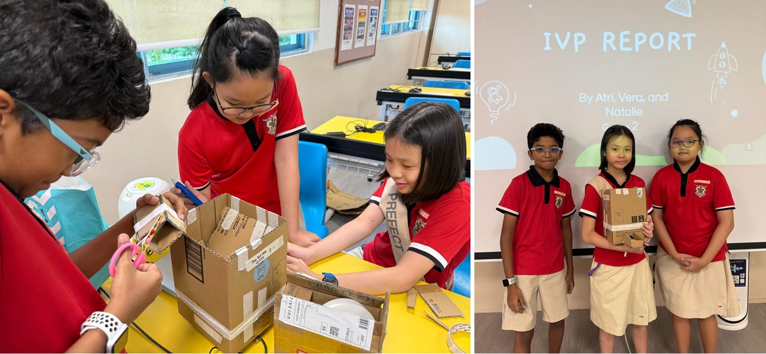 Three students in red uniforms build a cardboard project, then present it in front of an IVP Report slideshow.