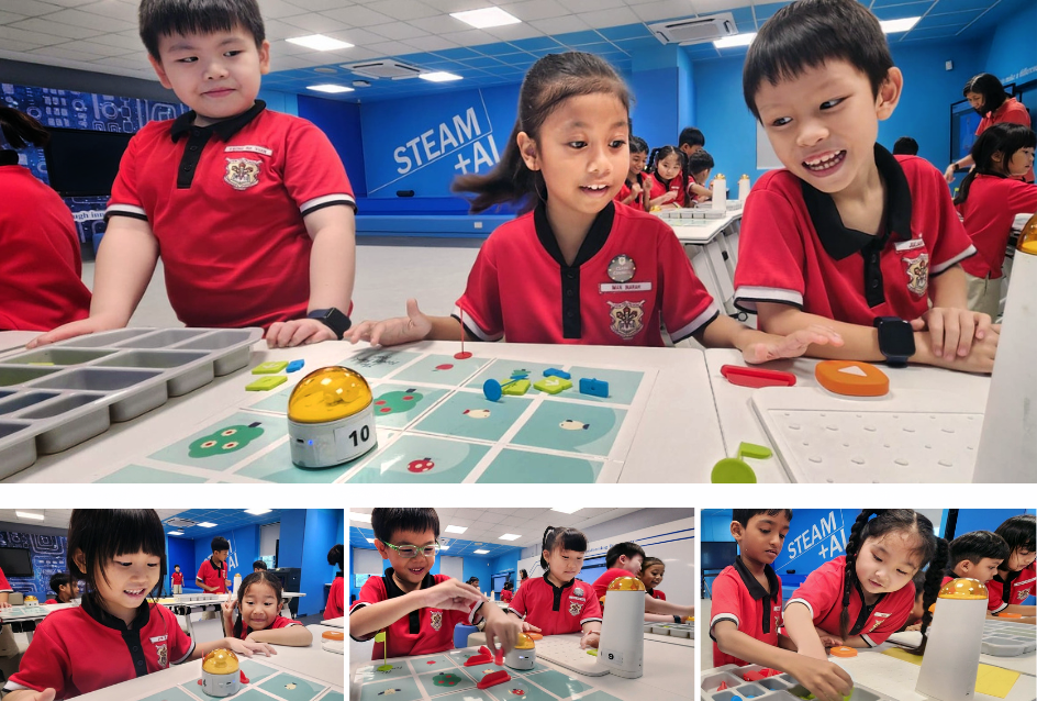 Collage of kids in red uniforms doing a STEAM robotics activity at tables and on the floor in a classroom.
