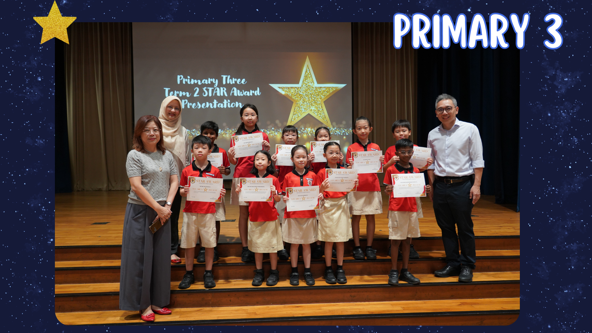 Primary 3 students holding Star Award certificates on stage with two teachers at a Term 2 award presentation.