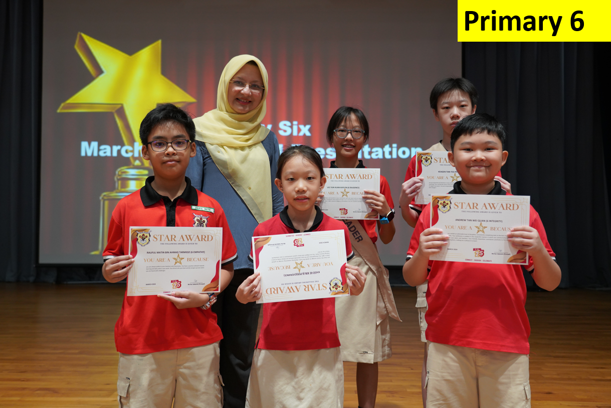 Five Primary 6 students in red uniforms hold Star Award certificates, posing with a teacher on a stage.