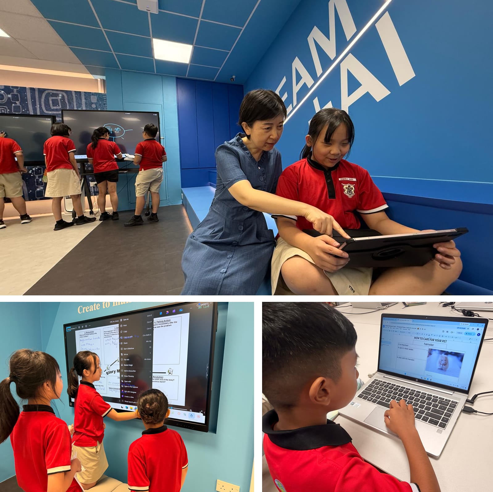 Students in red uniforms use tablets in class; teacher helps a student with a tablet in a blue room.
