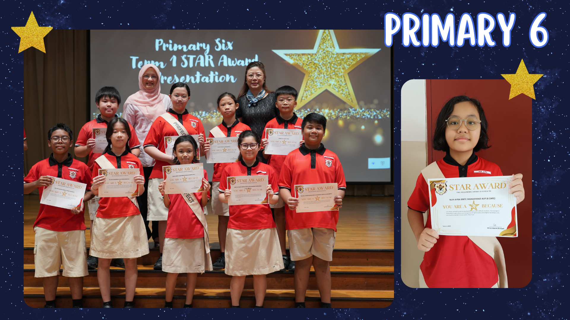 Primary 6 students in red uniforms hold Star Award certificates on stage, with a girl posing separately on the right.