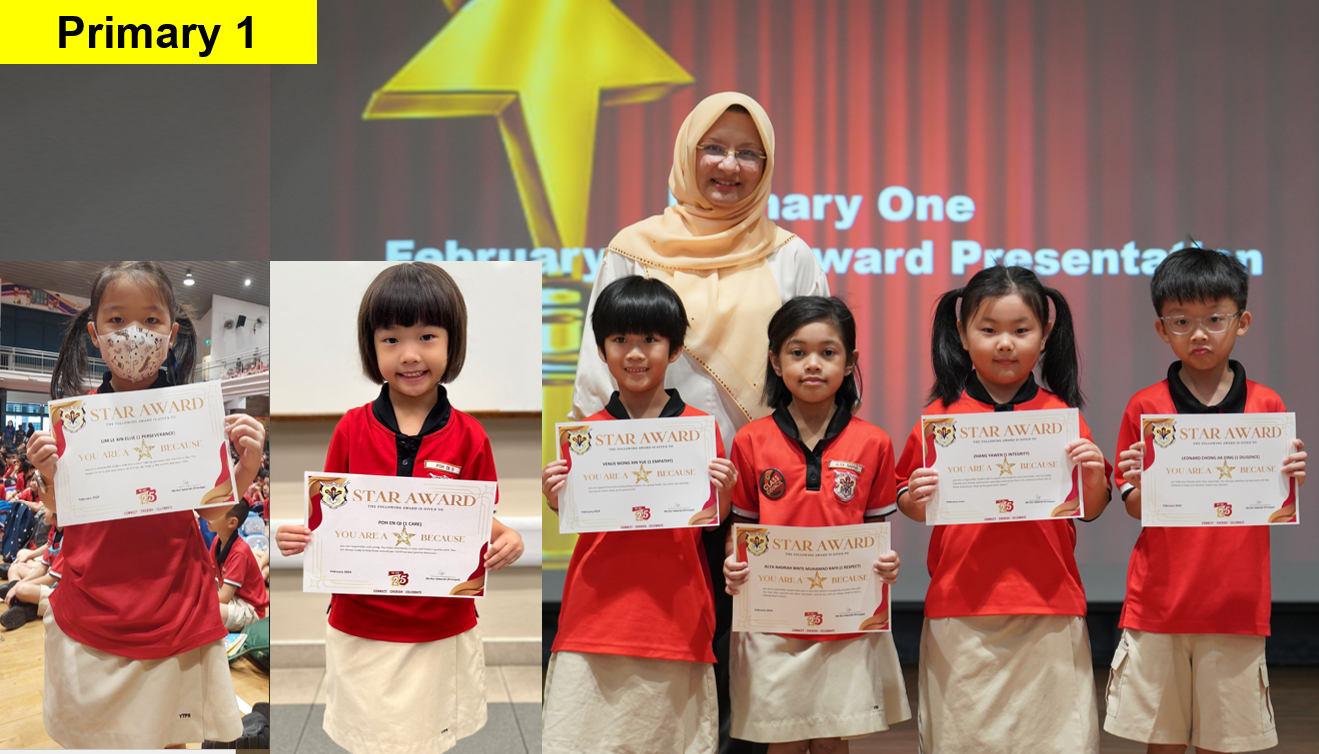 Primary 1 students in red uniforms hold Star Award certificates at a February Award Presentation ceremony.