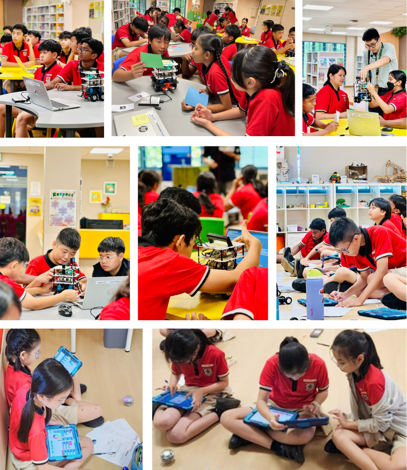 Collage of students in red uniforms building robots, using laptops and tablets in a classroom.
