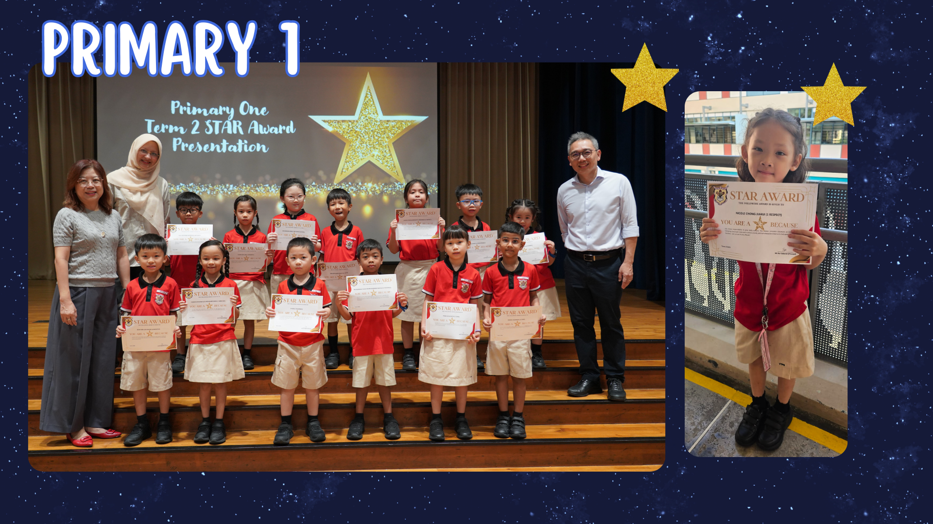 Primary 1 students in red uniforms hold Star Award certificates on stage with two teachers at an award ceremony.