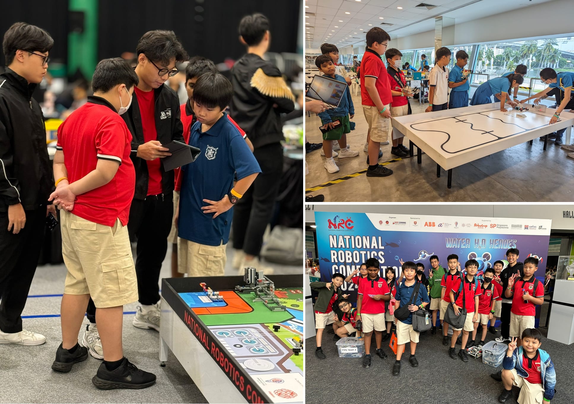 Students participate in the National Robotics Competition, working at game tables and posing for a group photo.