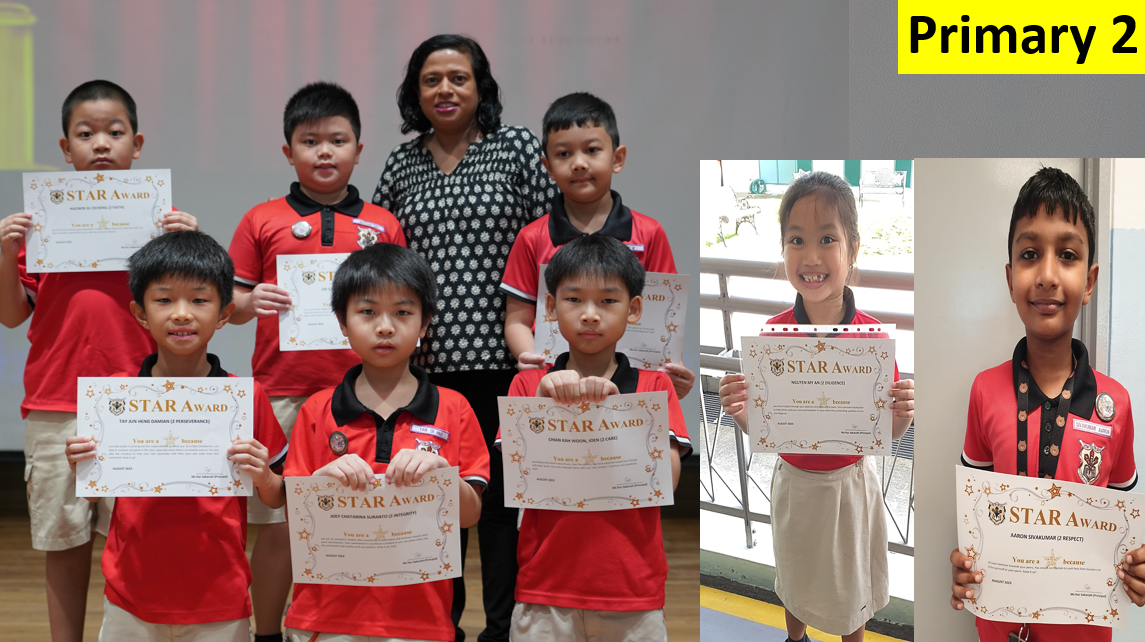 Primary 2 students in red uniforms holding Star Award certificates, posed with a teacher.