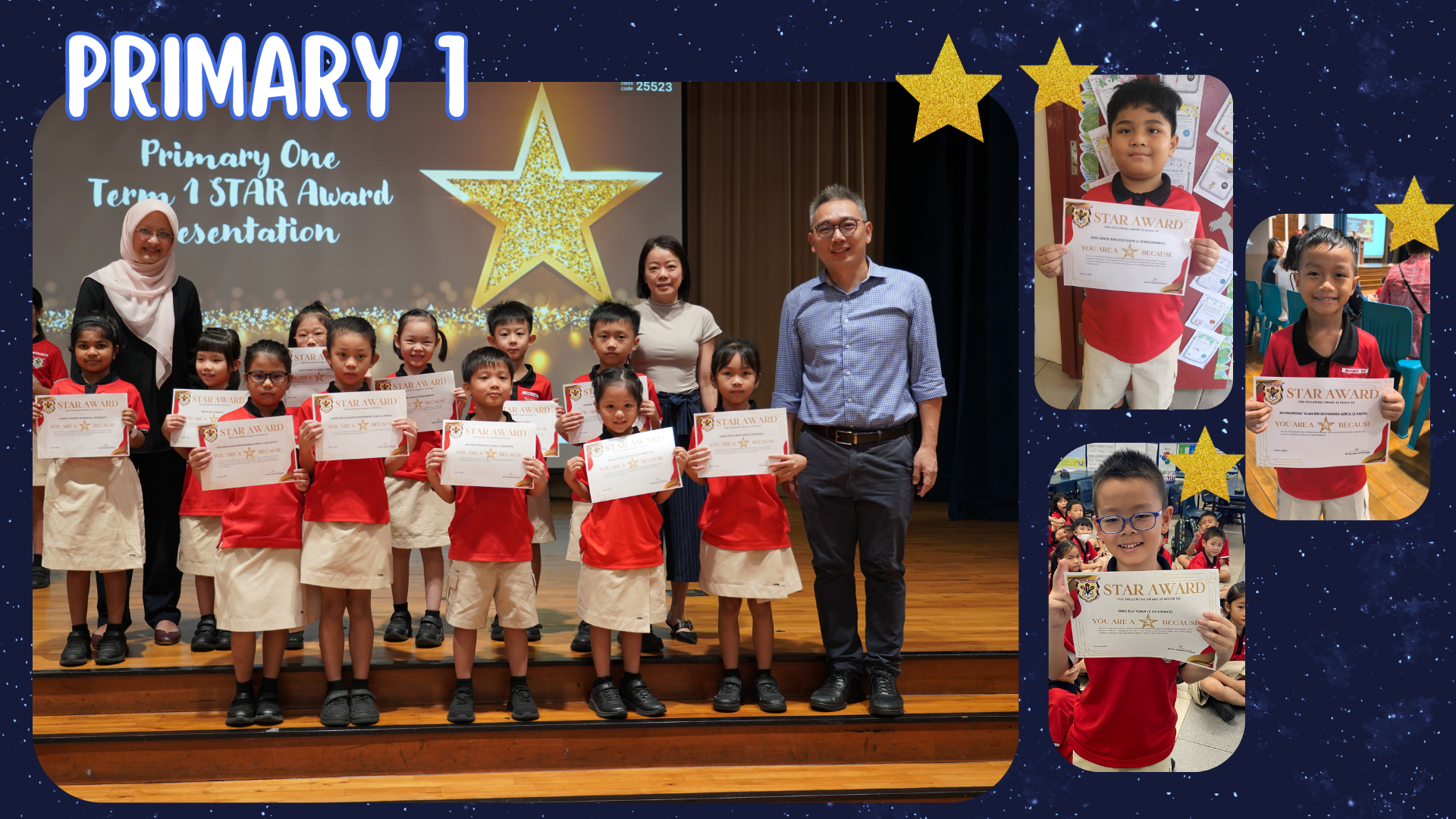 Primary 1 students in red uniforms hold Star Award certificates on stage with two adult teachers.