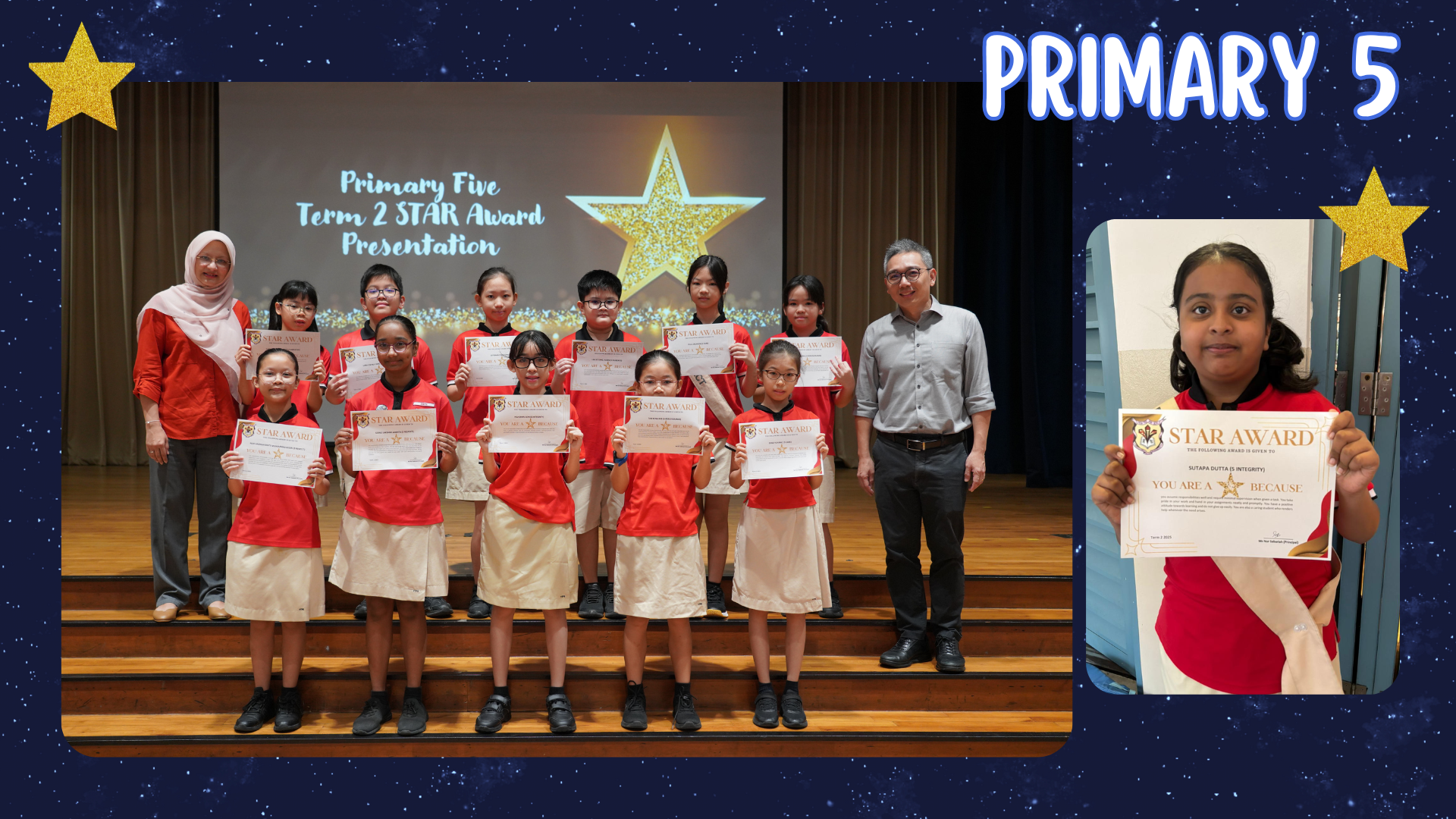 Primary 5 students holding Star Award certificates on stage, with a girl separately displaying her Star Award certificate.
