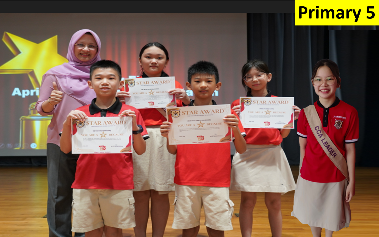 Five Primary 5 students hold Star Award certificates while posing with a teacher and a CCA Leader on stage.