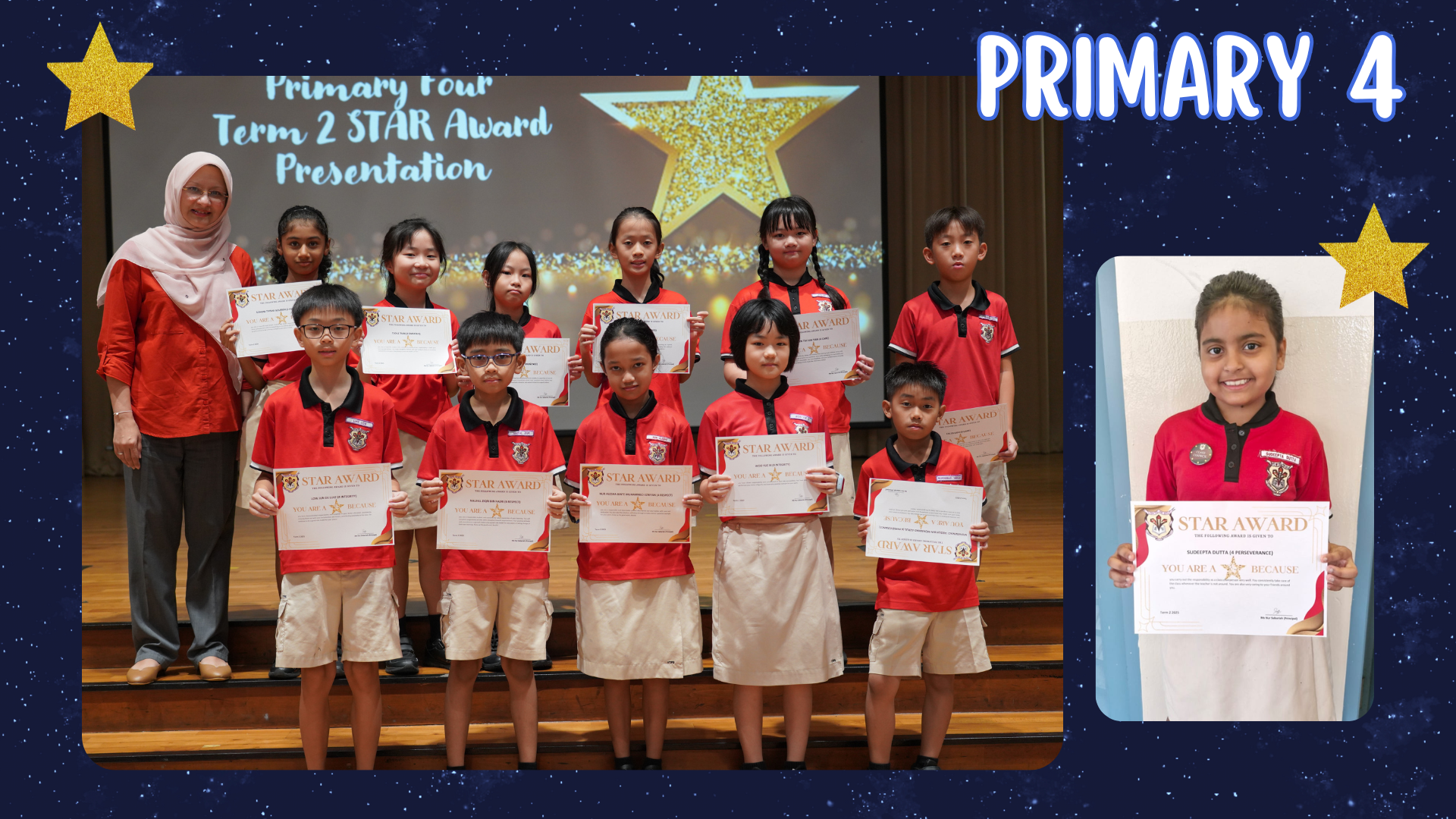 Primary 4 students in red uniforms hold Star Award certificates on stage with a teacher at a school presentation.