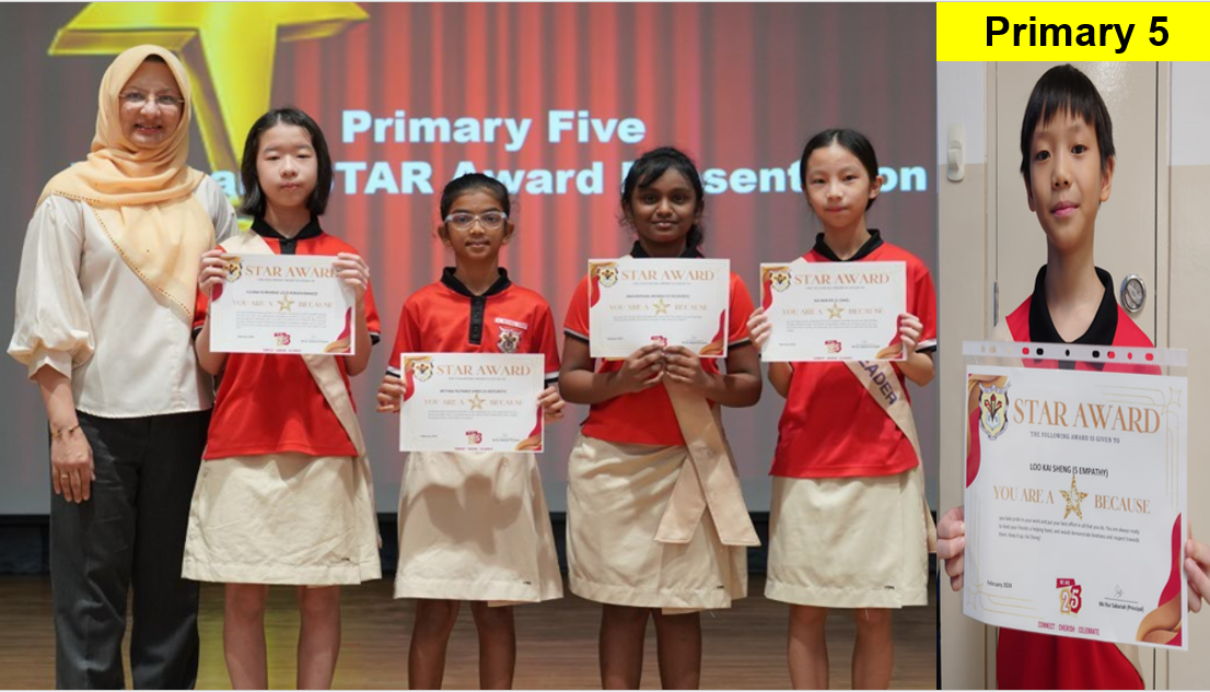 A teacher and four Primary 5 students in red uniforms hold Star Award certificates on a stage.