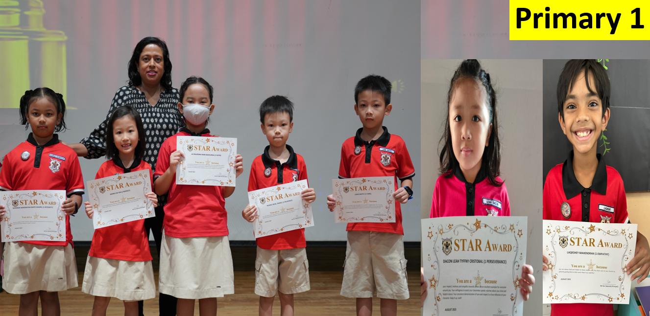 Primary 1 students in red uniforms hold Star Award certificates, posed with a teacher.