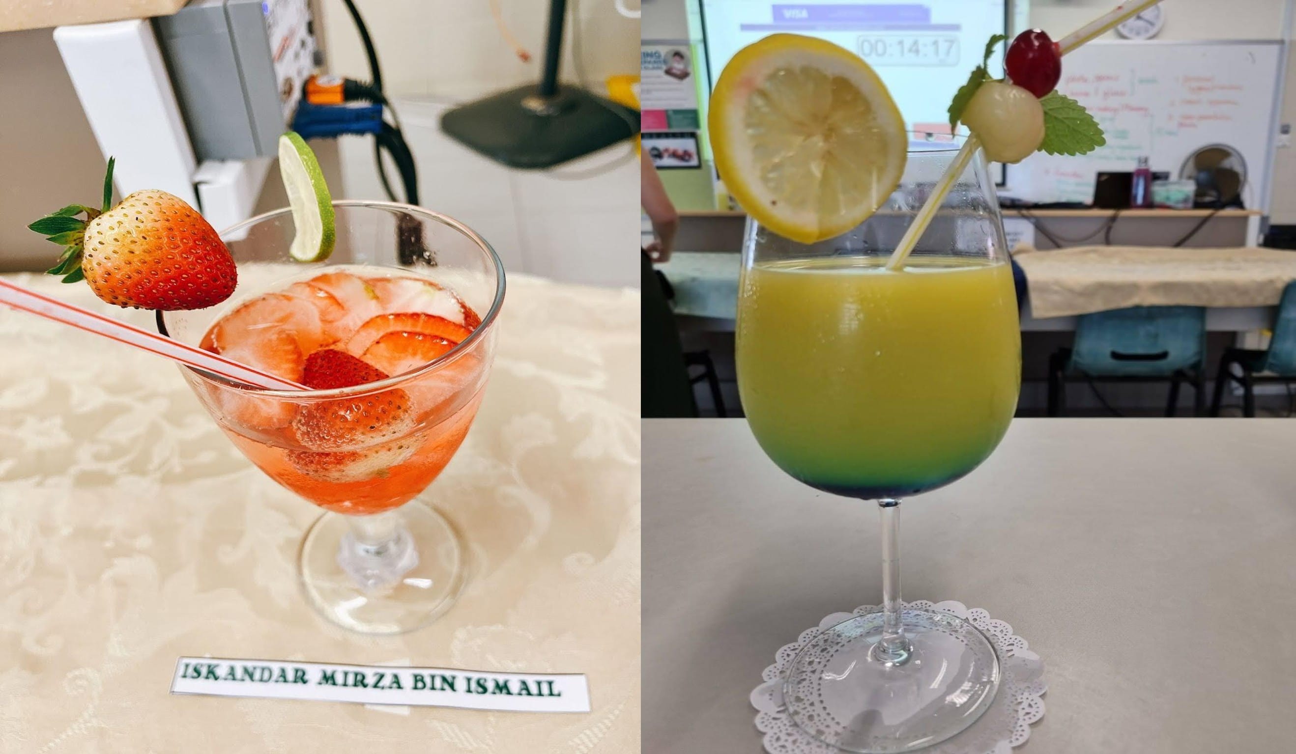 Two decorative fruit drinks in glasses—one with strawberries and lime, the other layered with citrus and garnished with lemon and cherry—presented on a table.