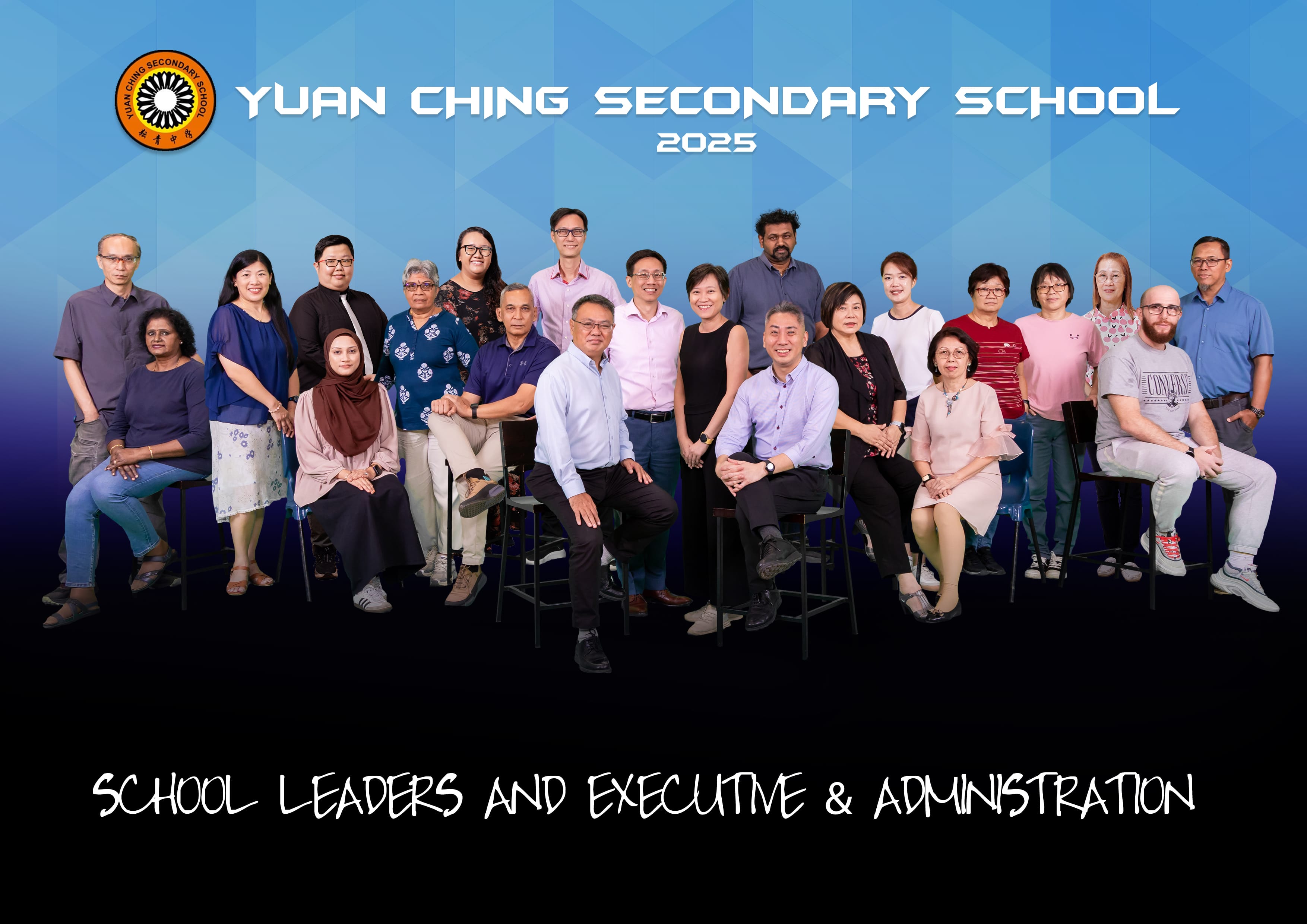Group photo of Yuan Ching Secondary School 2025 leaders and administration staff posed against a blue background.