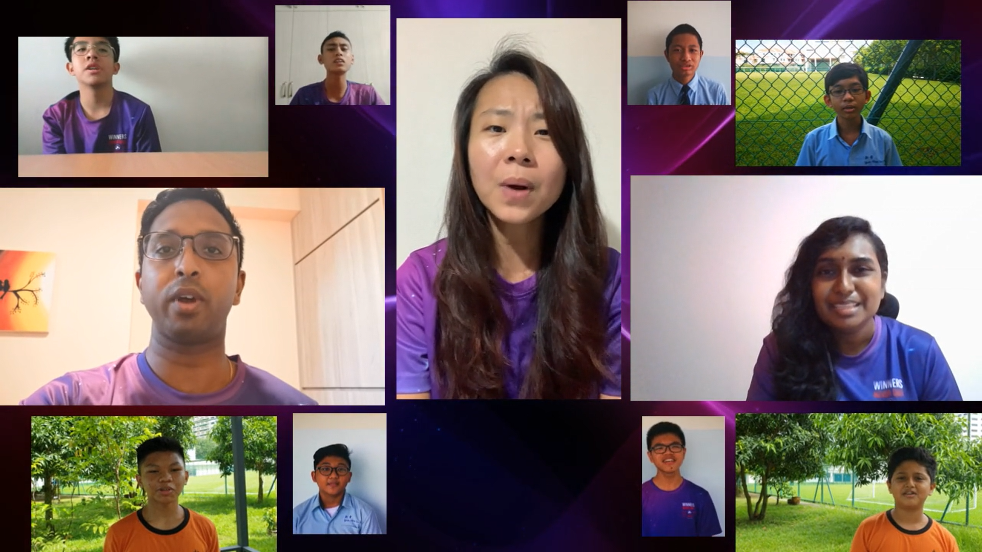 A video call grid showing nine people, mostly youth and adults, speaking from various indoor and outdoor locations.