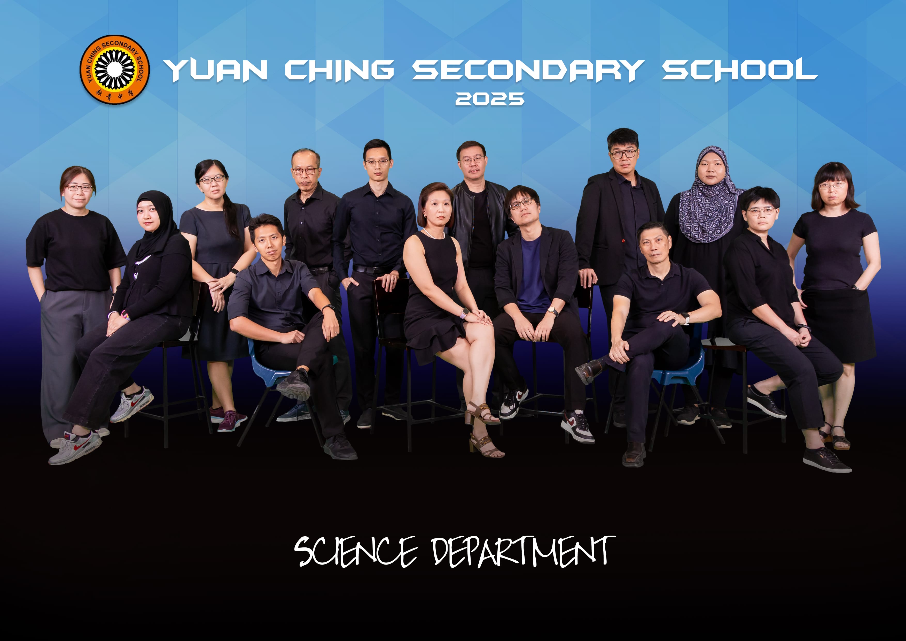 Group photo of Yuan Ching Secondary School 2025 Science Department staff in dark clothing against a blue background.