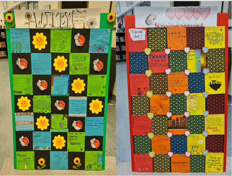 Two colorful student-made "WIMBY" thank you poster boards decorated with flowers, ladybugs, and handwritten notes.