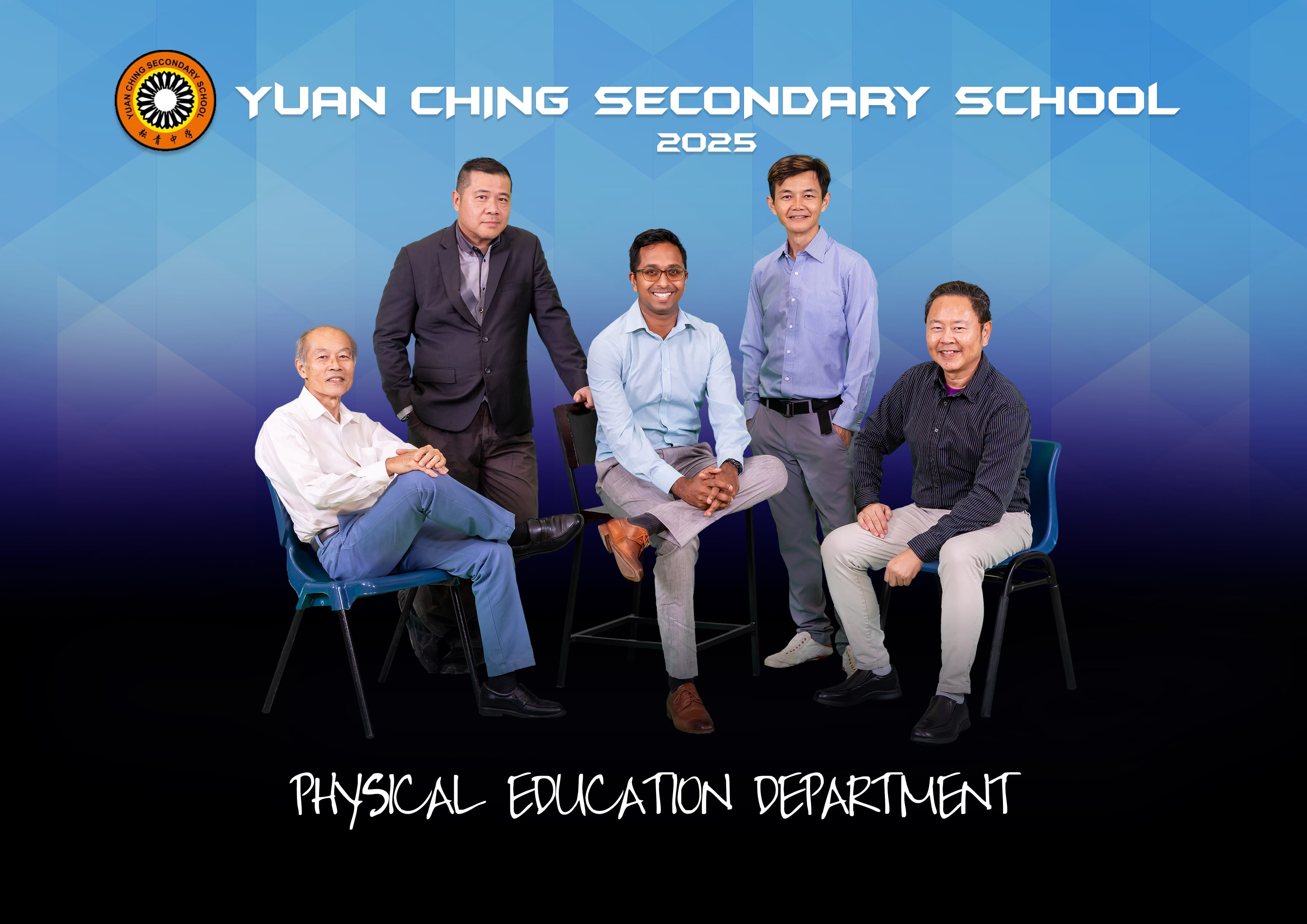 Five men pose for Yuan Ching Secondary School 2025 Physical Education Department group photo on blue background.