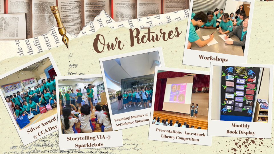 Add your alt text hereCollage of six photographs showcasing various educational and community activities, including a group photo at a Silver Award event, storytelling session at Sparkletots, a museum visit, a library presentation competition, a workshop, and a monthly book display.