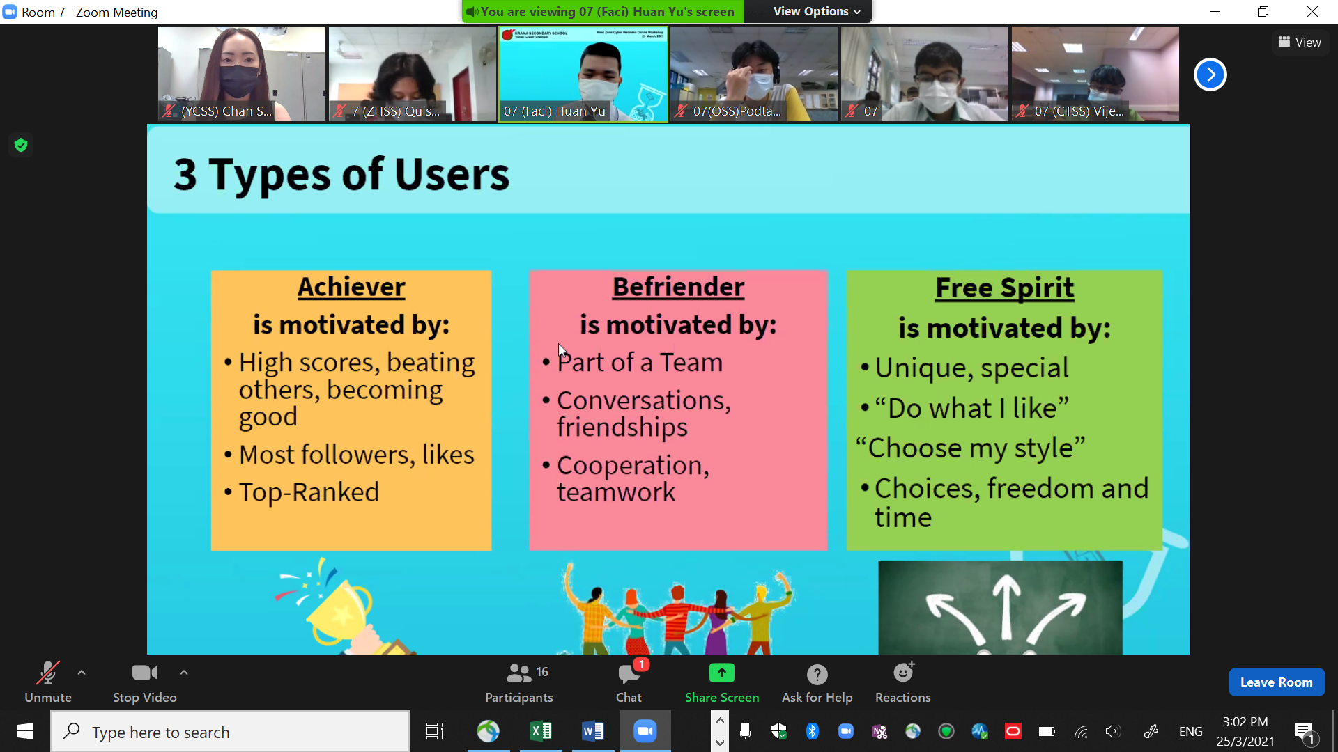 Screenshot of a virtual cyber wellness lesson on a video conferencing platform, featuring a slide about three types of users: Achiever, Befriender, and Free Spirit.