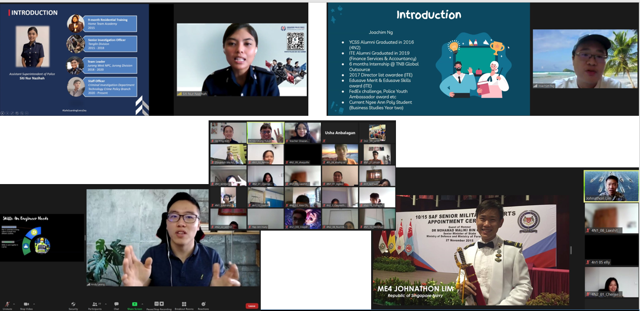 A virtual meeting on video conferencing software shows multiple participants, speakers presenting slides, and a military ceremony photo.