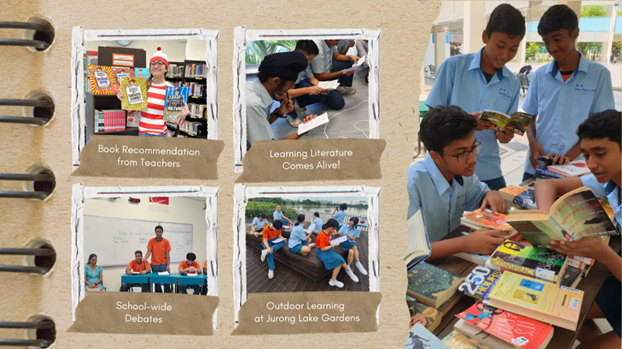Scrapbook-style page featuring photos of students reading, debating, and exploring literature through classroom and outdoor learning activities.