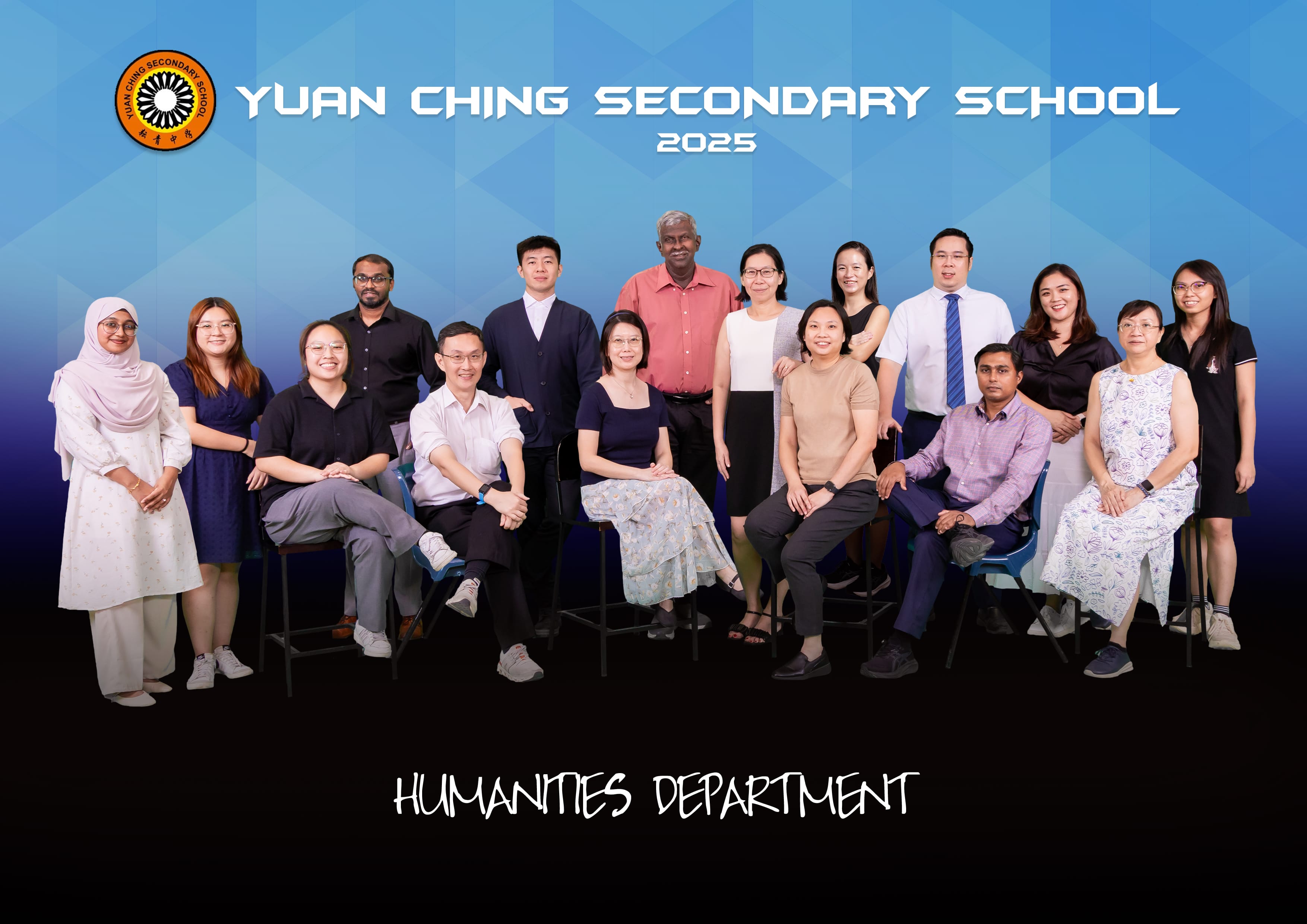 Group photo of Yuan Ching Secondary School 2025 Humanities Department staff posing against a blue background.