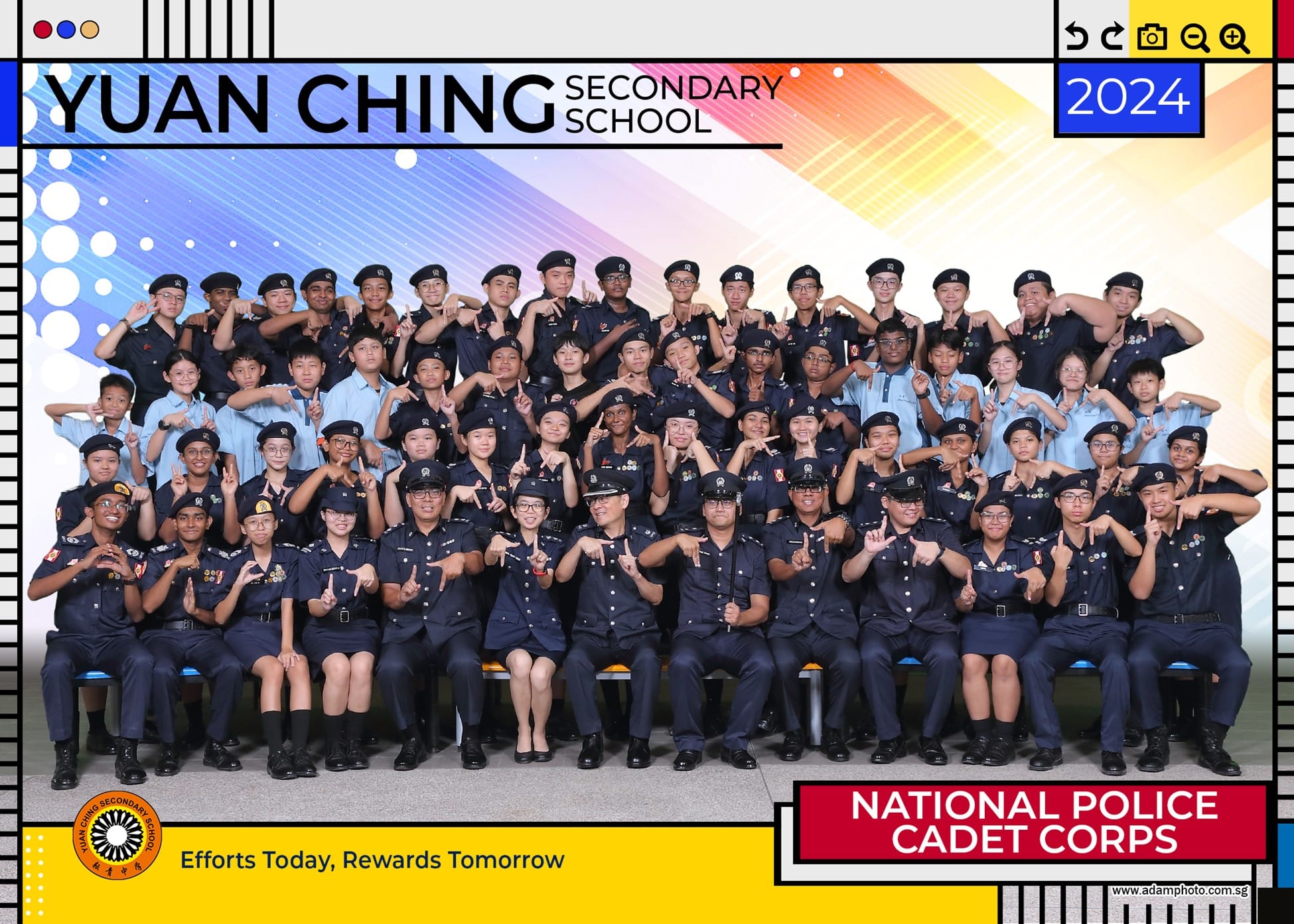 2024 Yuan Ching Secondary School National Police Cadet Corps group photo with students in navy uniforms posing together.