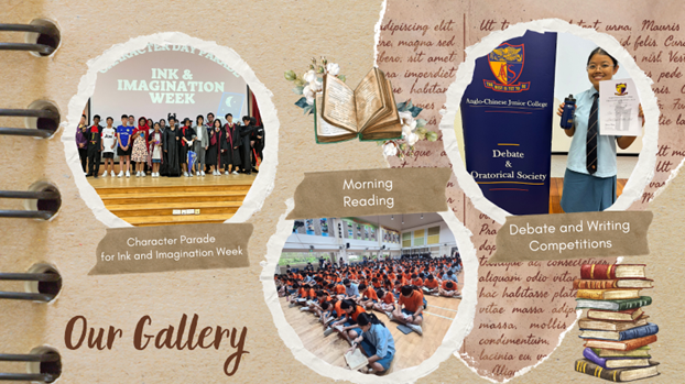 Collage-style “Our Gallery” page featuring photos of school activities including Ink & Imagination Week, morning reading, and a debate and writing competition.