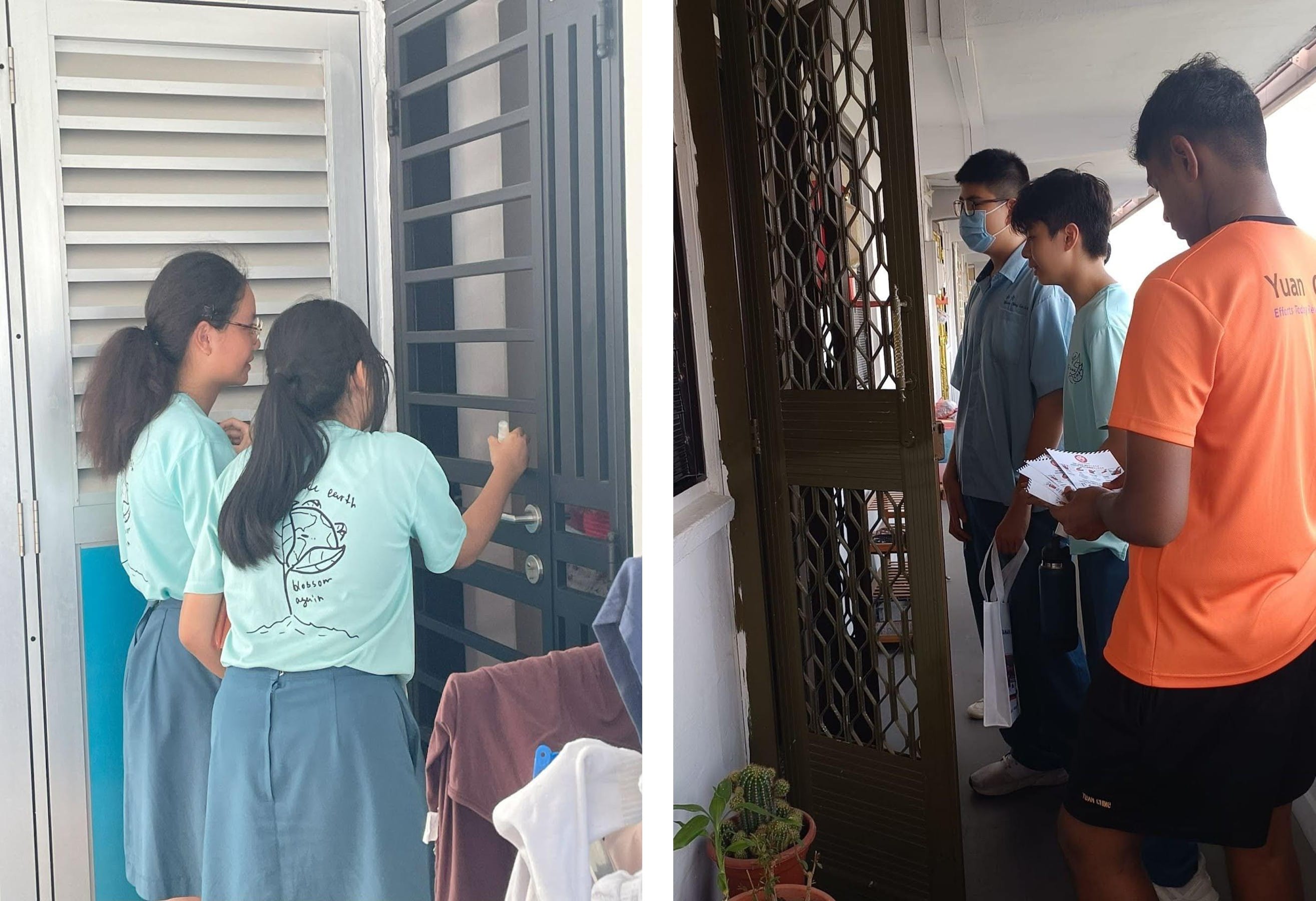 The image is a side-by-side view of students visiting homes along a corridor in a residential building. On the left, two students in school uniforms knock gently on a metal door with a handle, standing close together near a wall with louvered panels and hanging laundry nearby. On the right, three other students stand at another doorway with a metal gate; one student holds a stack of small cards or papers while facing the door. The corridor is narrow, with potted plants and household items placed along the walkway, suggesting an outreach or community visit activity.