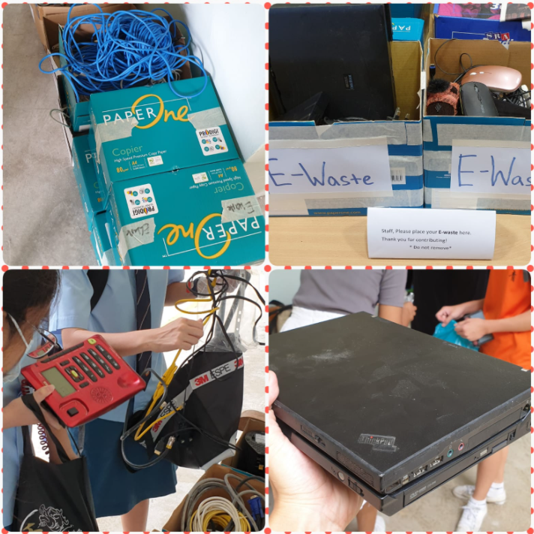 Collage of paper recycling and e-waste collection activities, featuring collection boxes, electronic devices, cables, and a laptop for disposal or recycling.