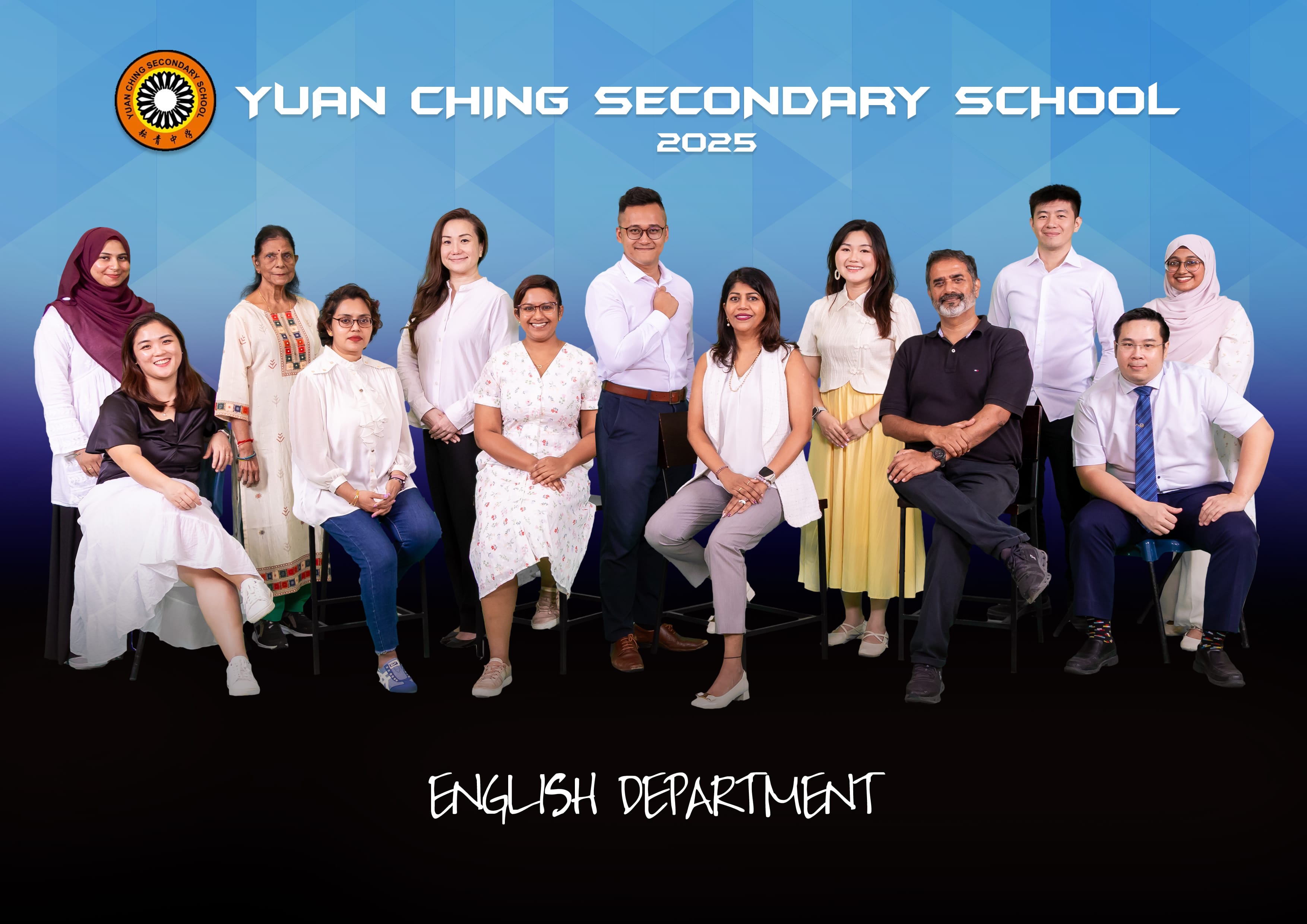 Group photo of Yuan Ching Secondary School 2025 English Department staff posing against a blue background.