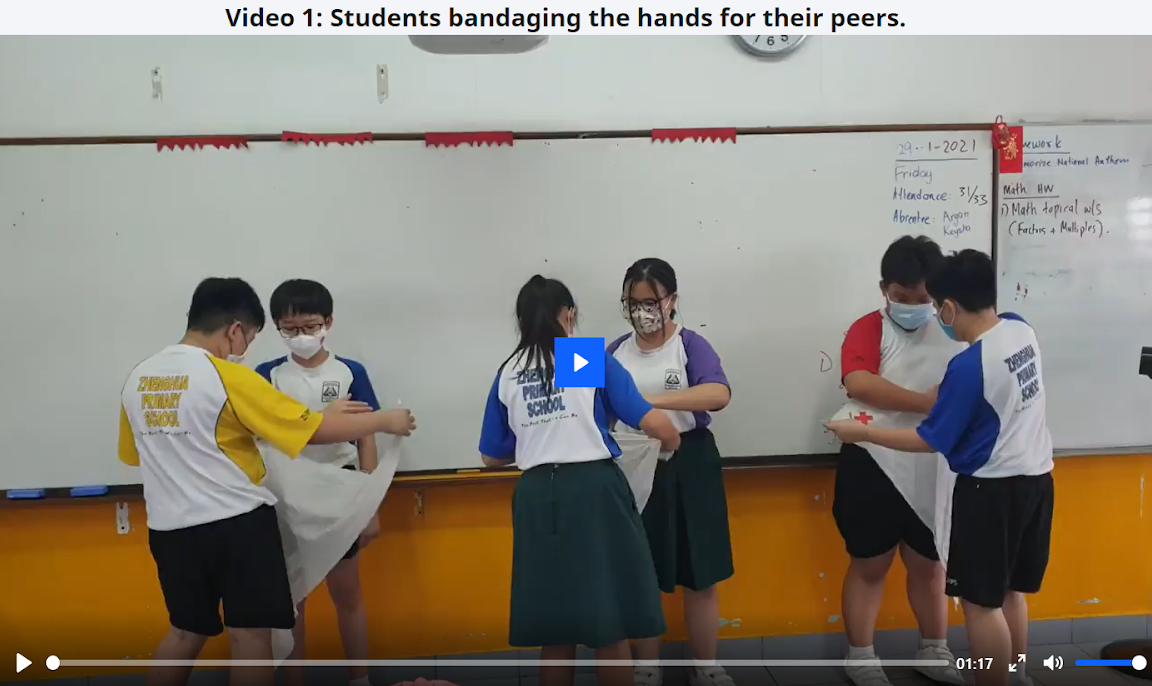 Six masked students in a classroom practice wrapping bandages on each other in front of a whiteboard.