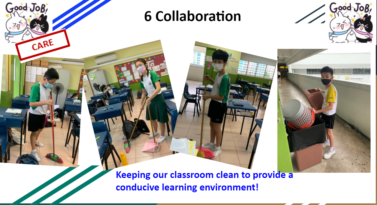 Four masked students sweeping floors and carrying trash bins while cleaning their classroom.
