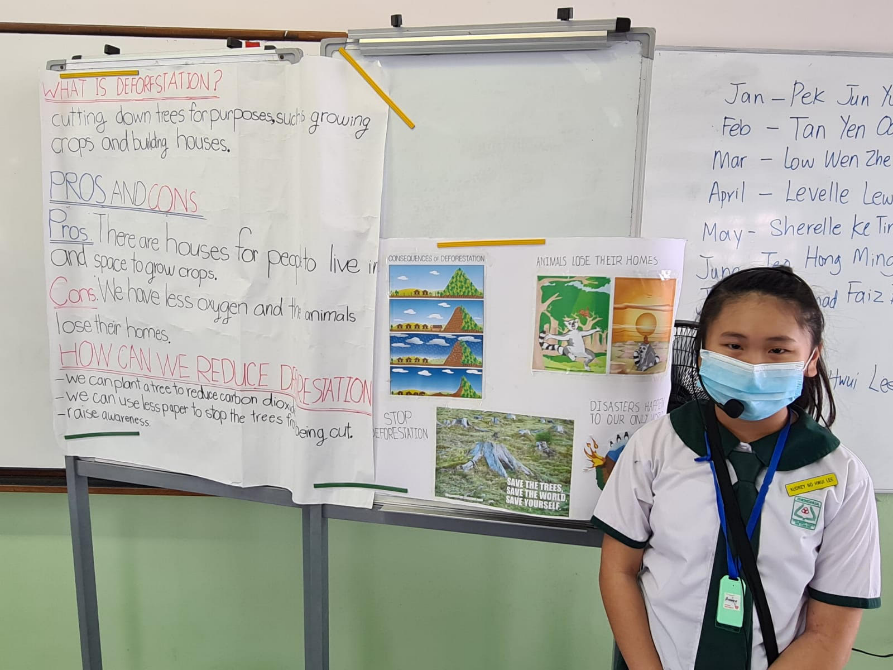 Student in uniform and mask stands by classroom board with posters explaining deforestation and its pros and cons.