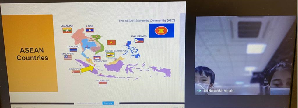 Slide titled ASEAN Countries with map and flags; video call thumbnail at right showing two children in a room